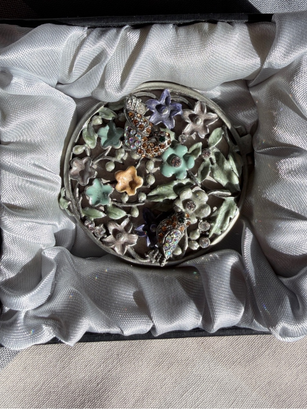 Silver-Tone Floral & birds small mirror with Pastel Enamel-glass/crystal accents